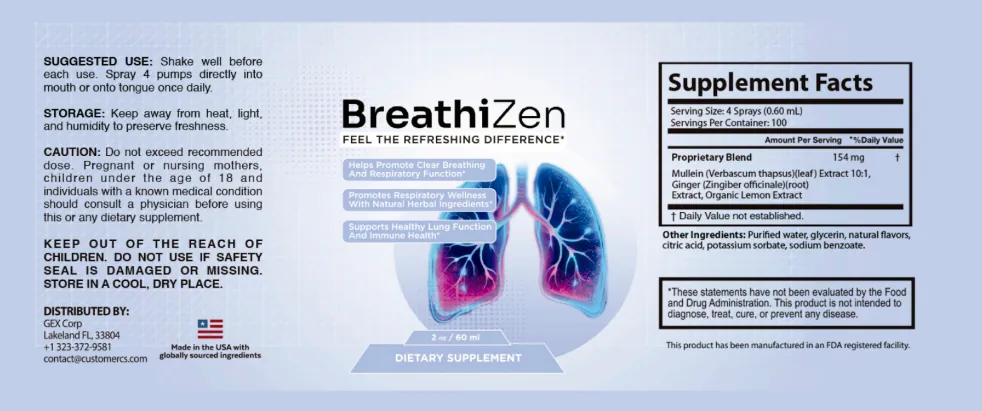 Breathizen Supplement Facts label showing the 154 mg proprietary blend